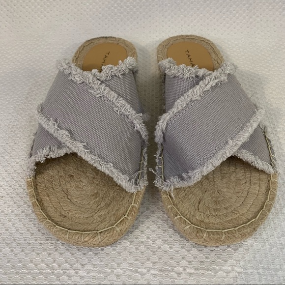 Tahari Saran Criss Cross Fringe Espadrille Slip On Sandal Gray 8 - Picture 2 of 12